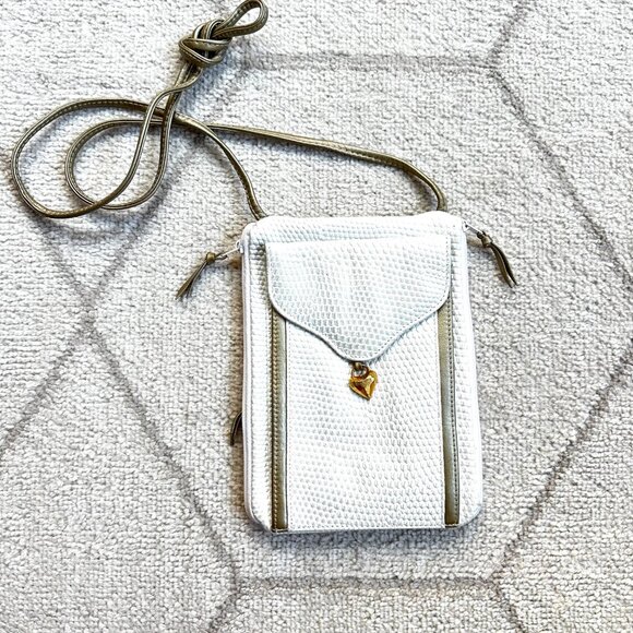 Vintage Lisette New York Embossed Pearlescent White Leather Pochette Crossbody - Picture 1 of 8